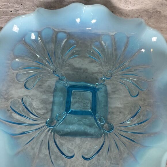 Northwood Blue Opalescent Ruffled Candy‎ Dish Shell Design Square Pedestal Base - Picture 5 of 16